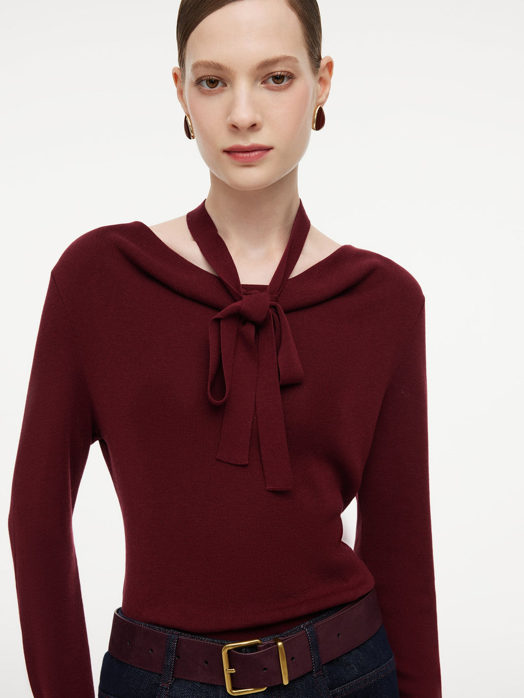 Tencel Wool Blend Cowl Neck Women Knit Top With Ribbon