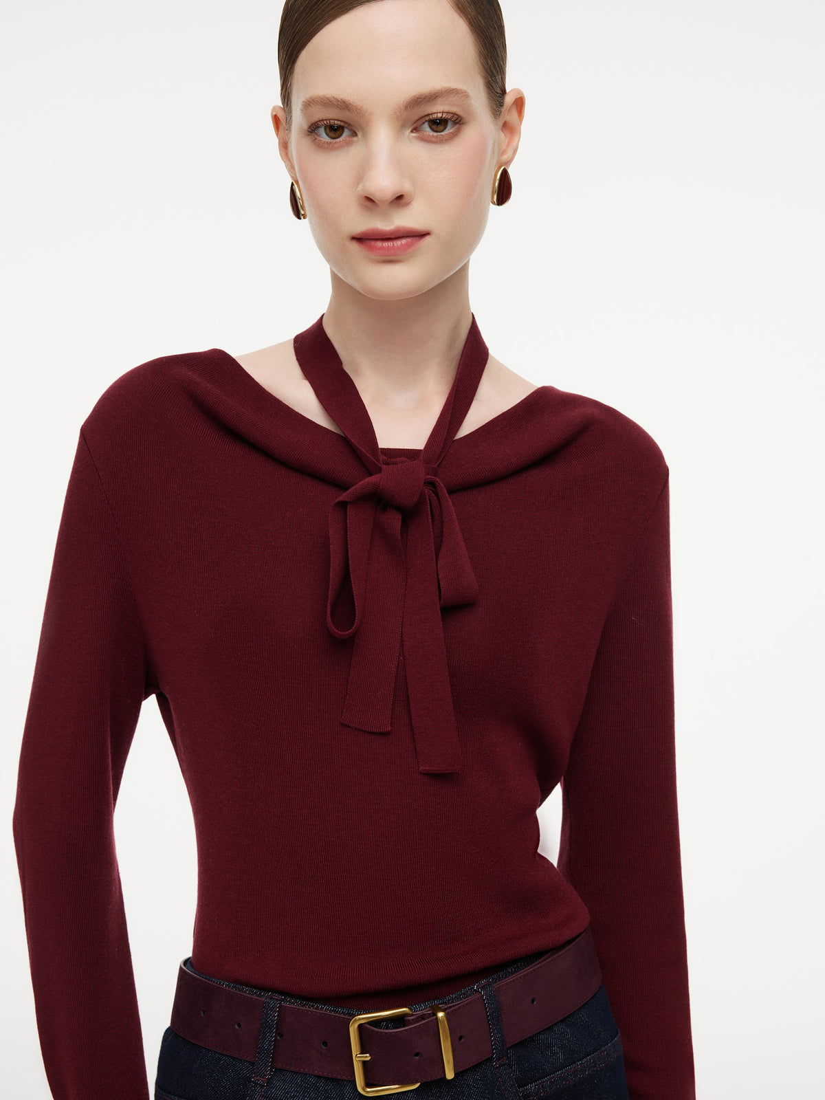 Tencel Wool Blend Cowl Neck Women Knit Top With Ribbon