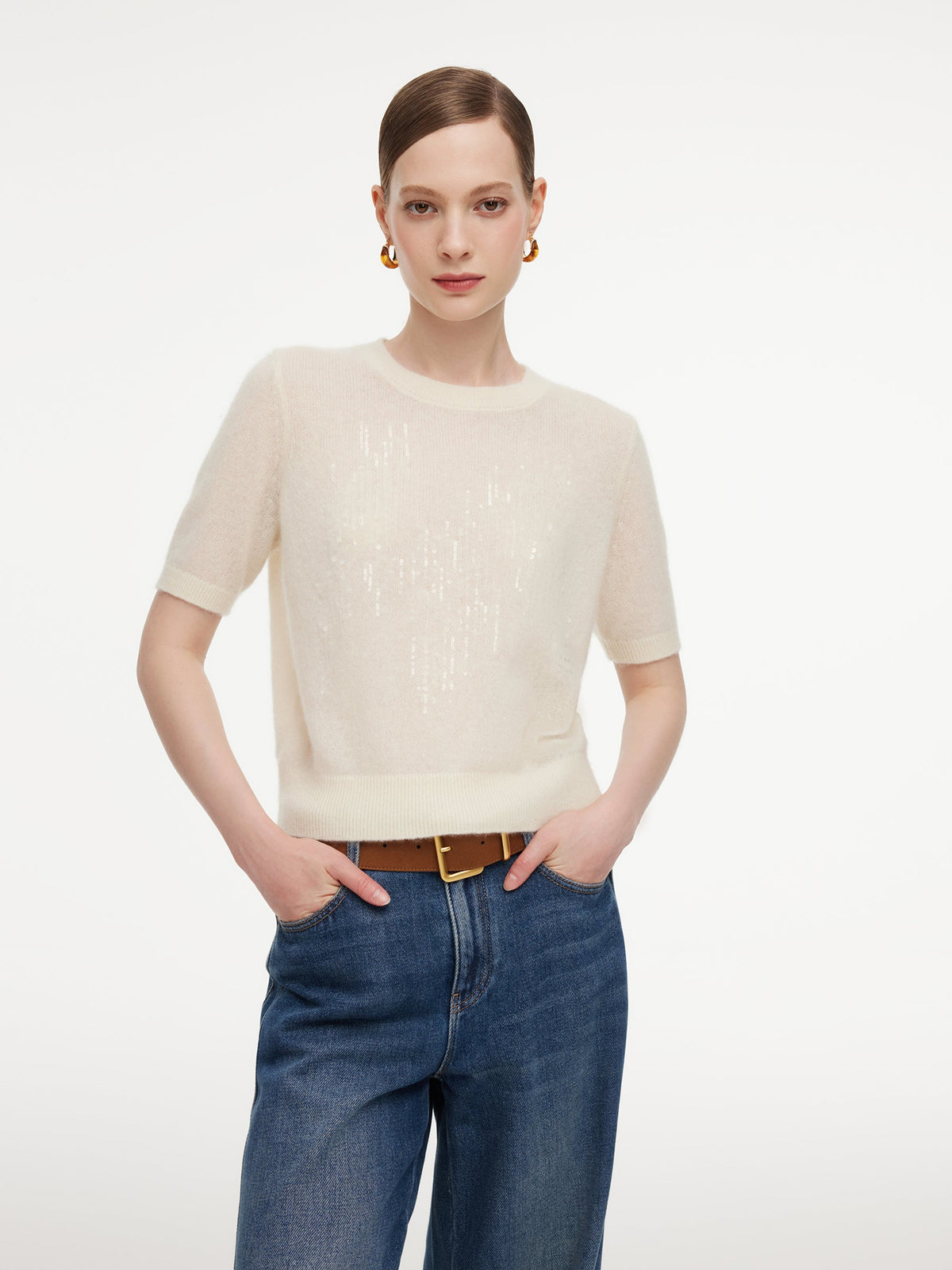 100% Cashmere Sequins Women Knit Top