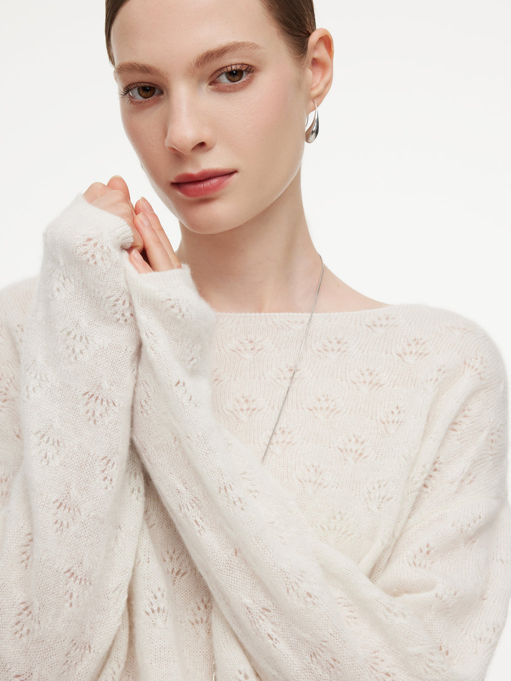 Cashmere Boat Neck Pointelle Knit Women Sweater