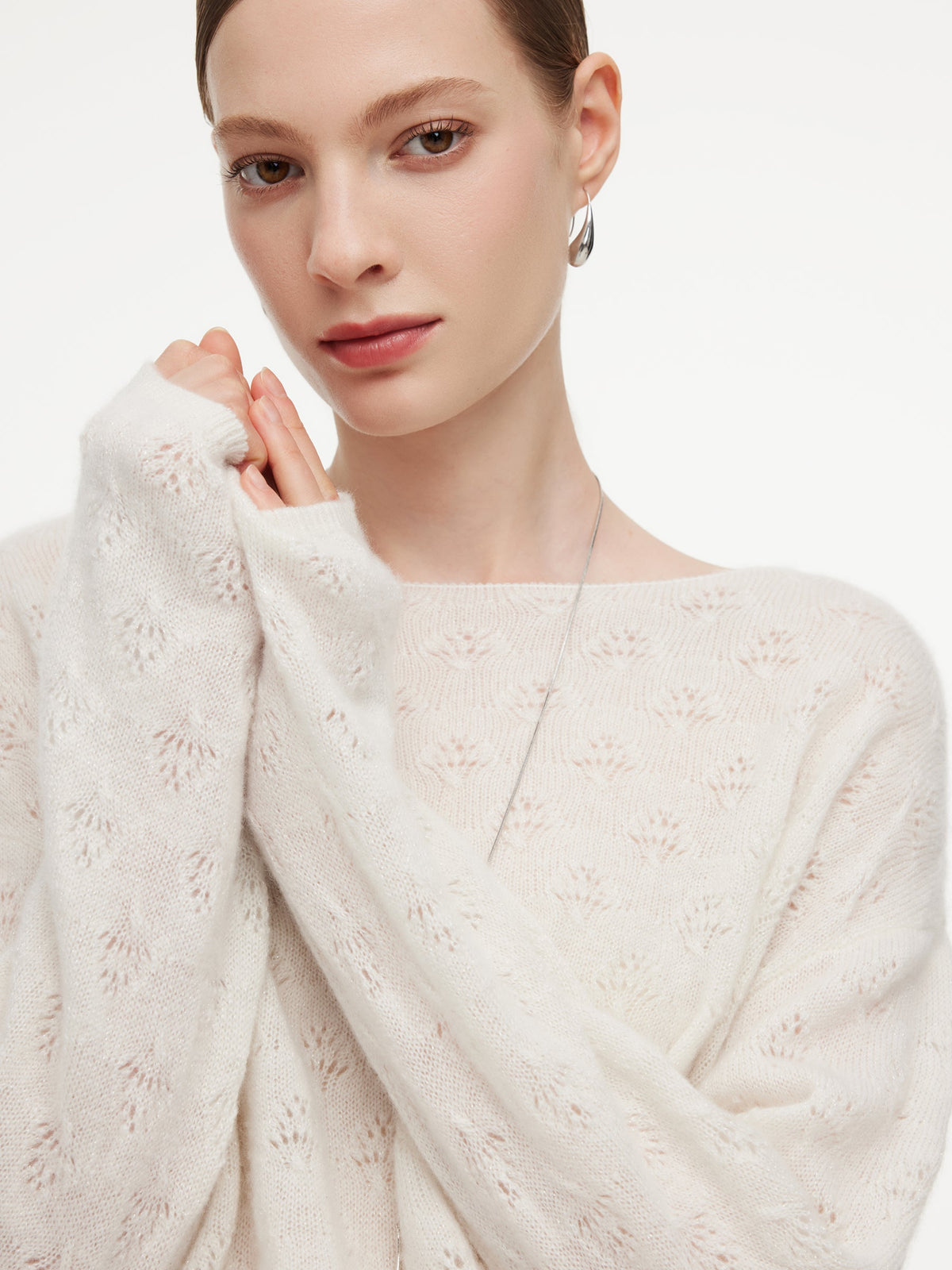 Cashmere Boat Neck Pointelle Knit Women Sweater
