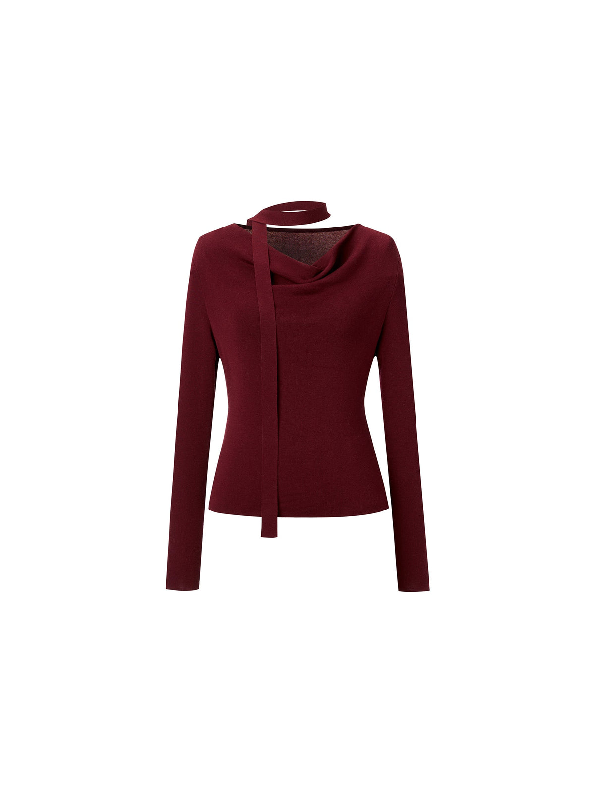 Tencel Wool Blend Cowl Neck Women Knit Top With Ribbon