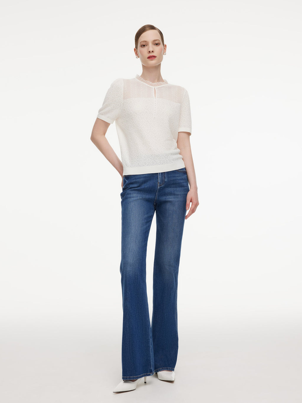 Jacquard Ruffle Neck Women Knit Top