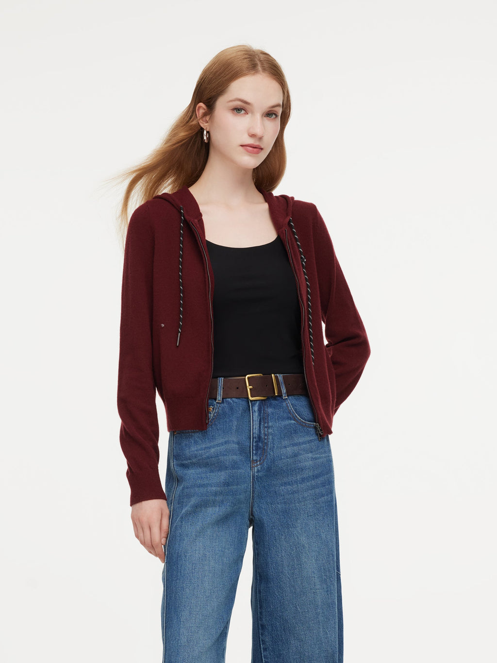 100% Wool Zip-Up Women Knit Hooded Cardigan