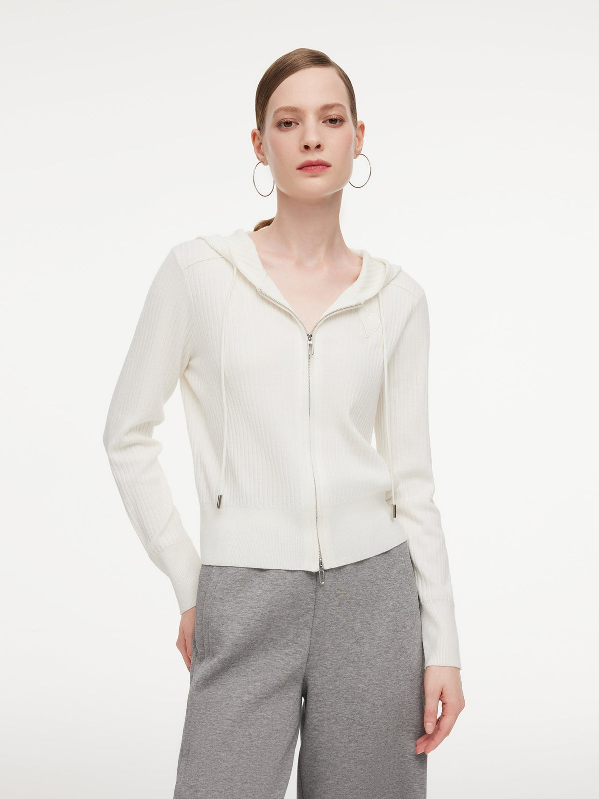 Wool Blend Heart Embroidered Women Hooded Cardigan