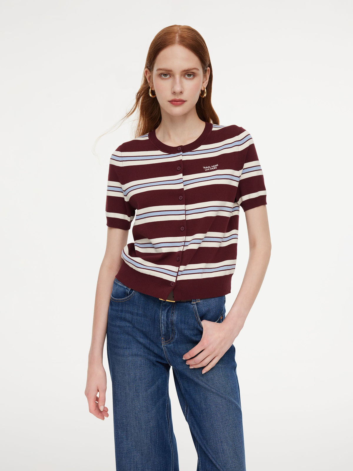 Tencel Blend Multicolored Stripe Letter Embroidered Women Cardigan