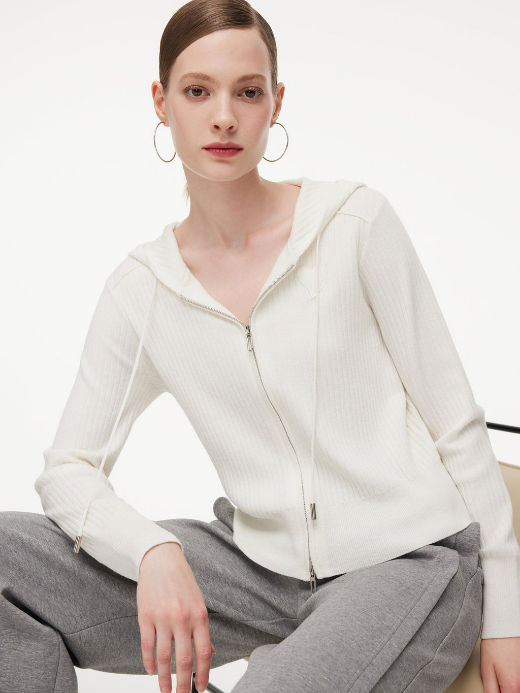 Wool Blend Heart Embroidered Women Hooded Cardigan