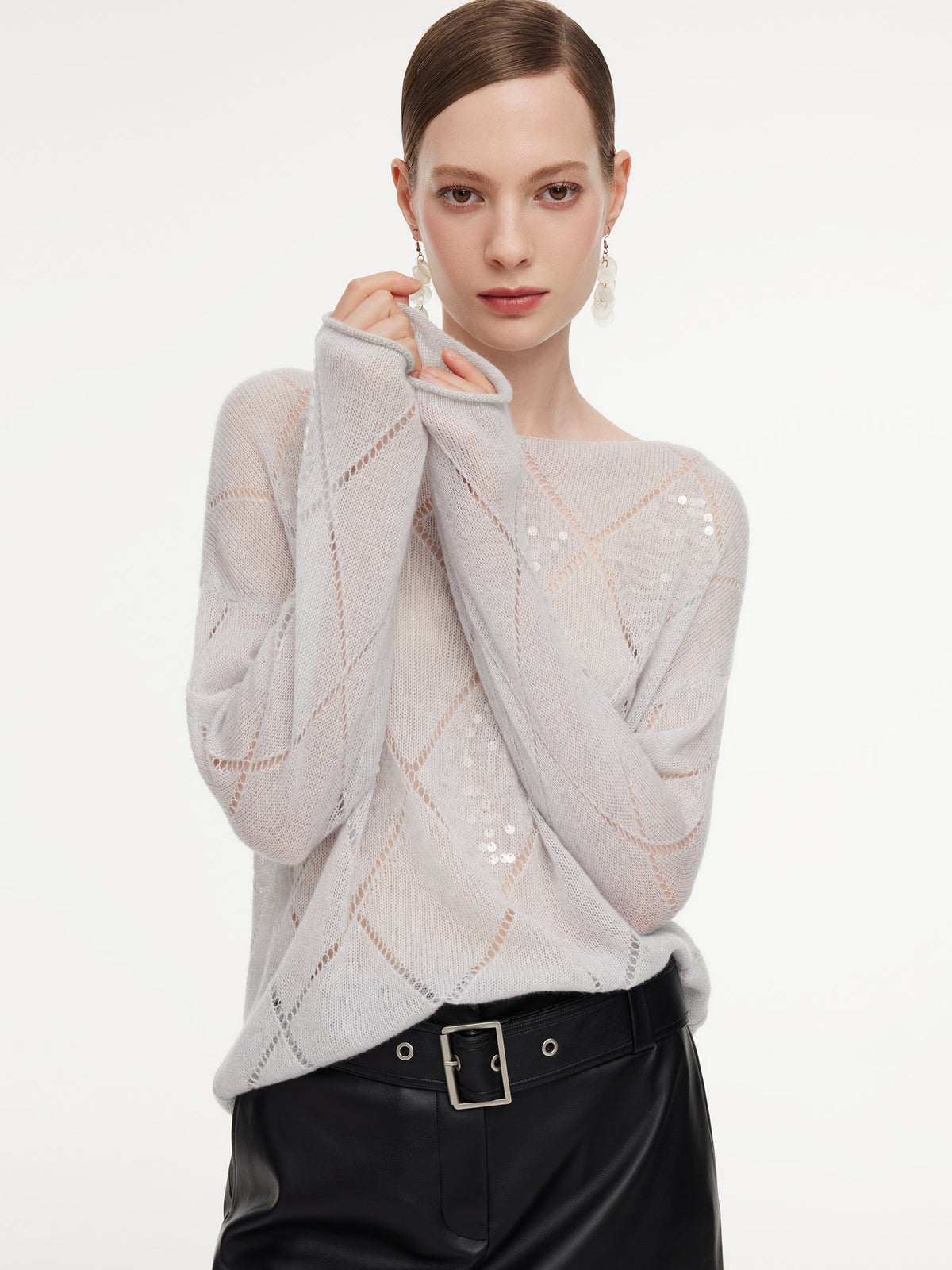 Lyocell Wool Cashmere Blend Sequins Women Open-Knit Sweater