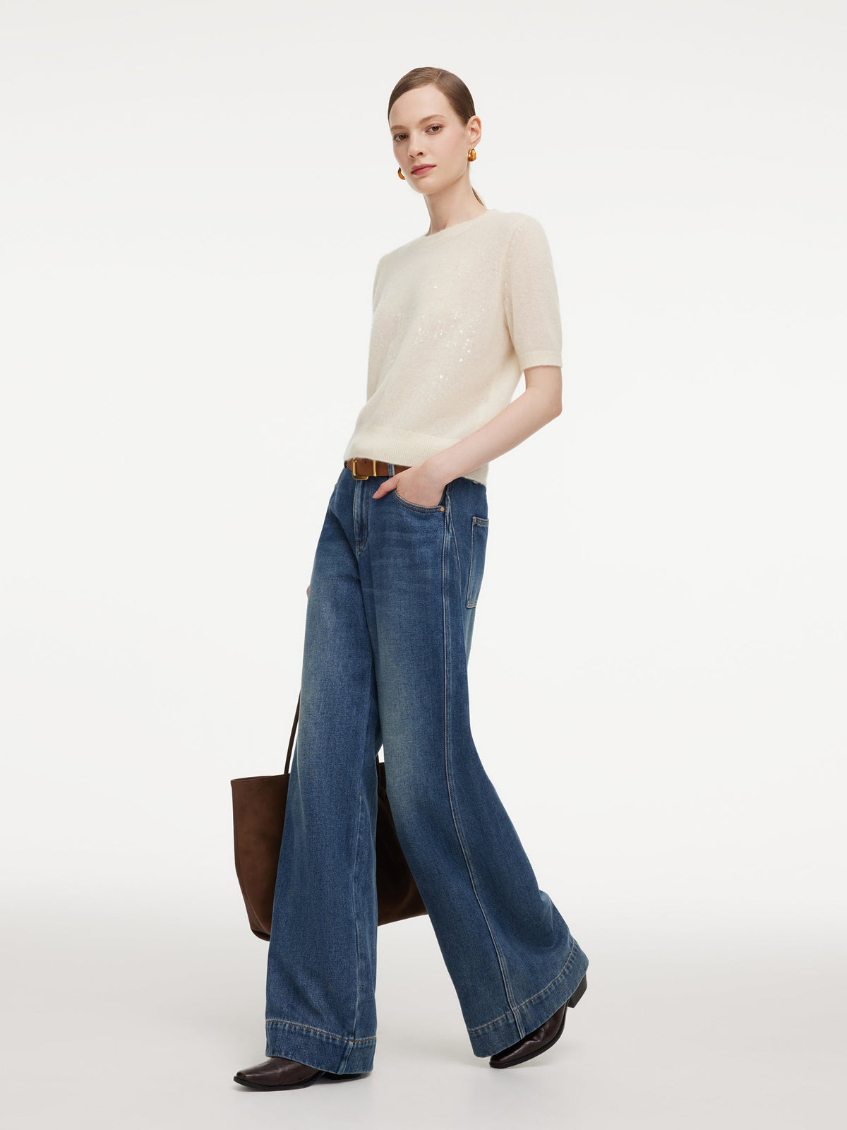 100% Cashmere Sequins Women Knit Top