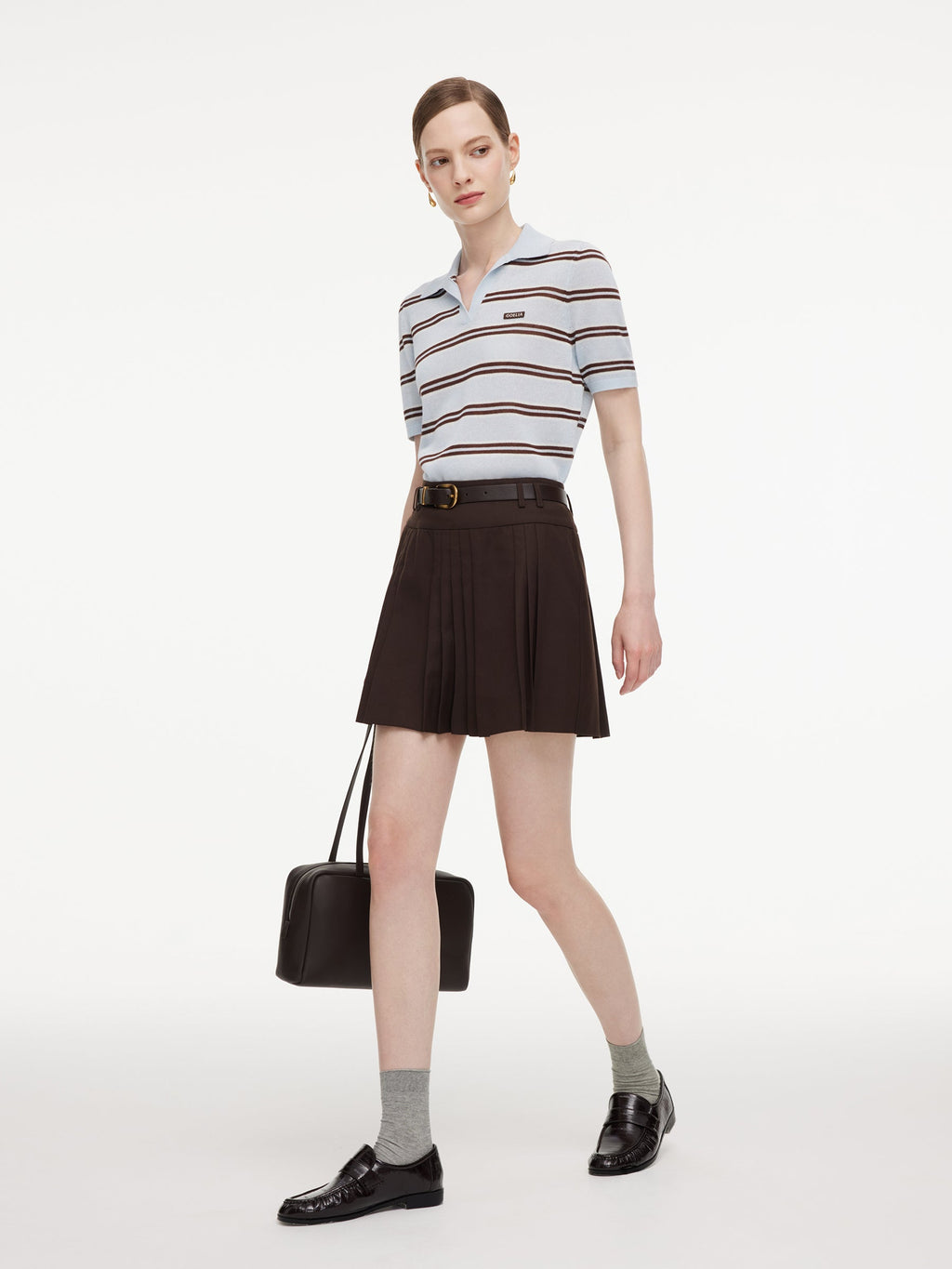 Navy Combo Stripe Women Polo Knit Top