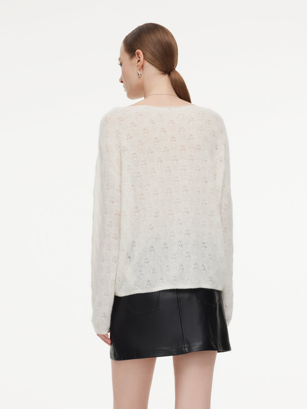 Cashmere Boat Neck Pointelle Knit Women Sweater