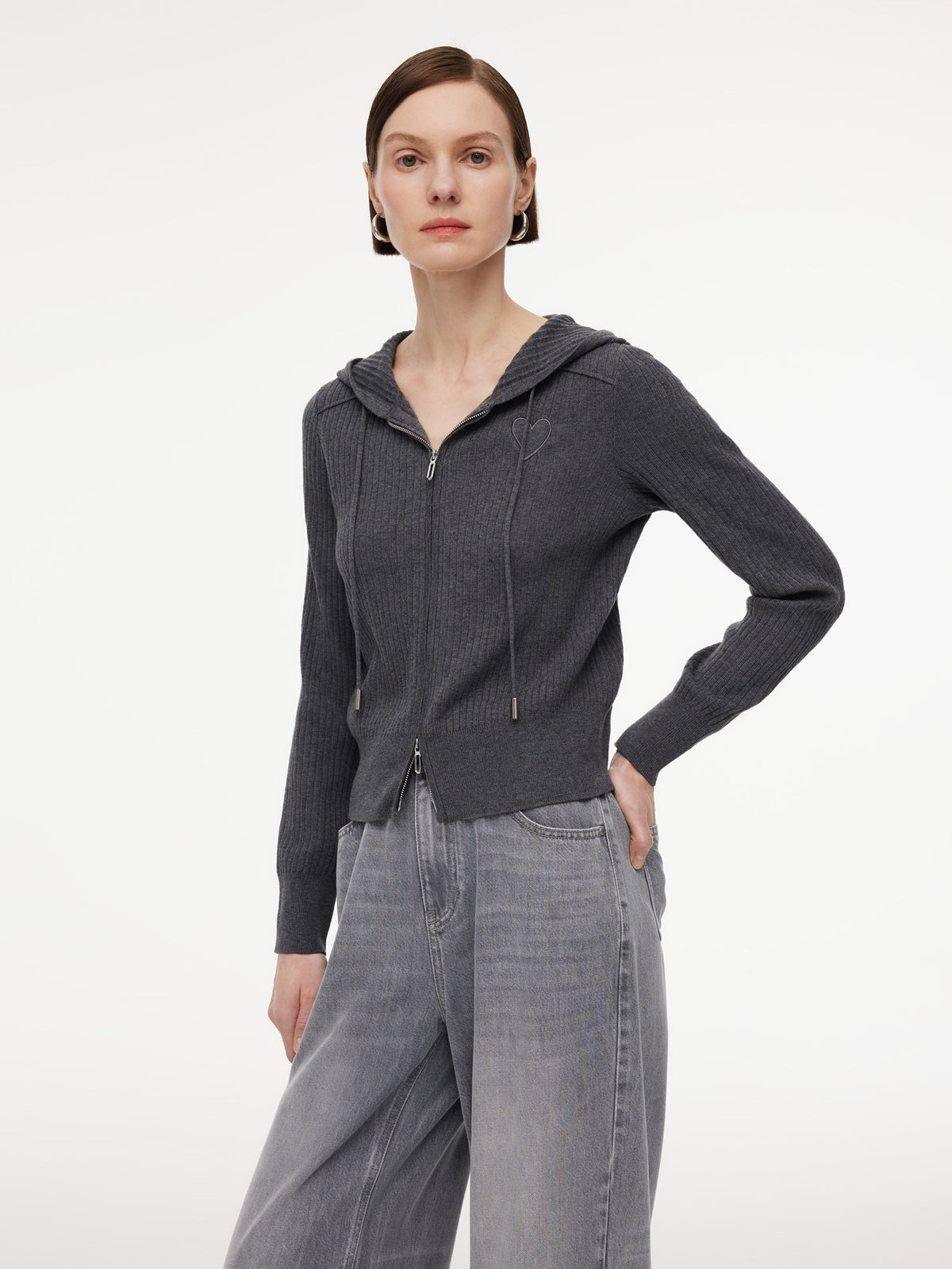 Wool Blend Heart Embroidered Women Hooded Cardigan