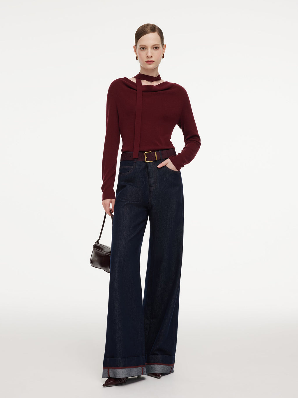 Tencel Wool Blend Cowl Neck Women Knit Top With Ribbon