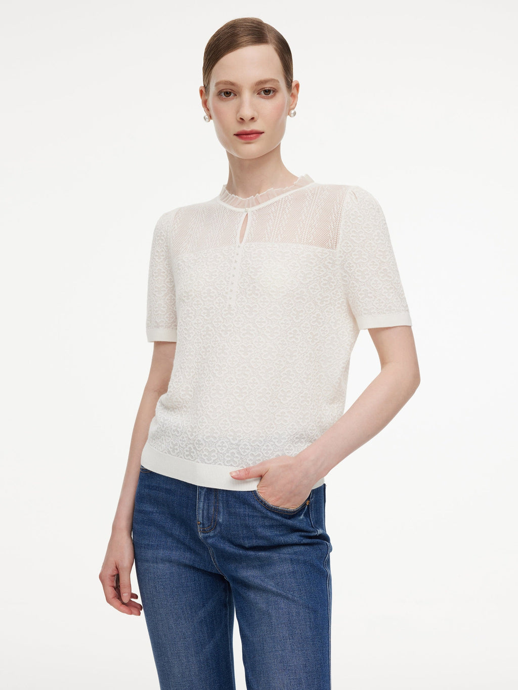 Jacquard Ruffle Neck Women Knit Top