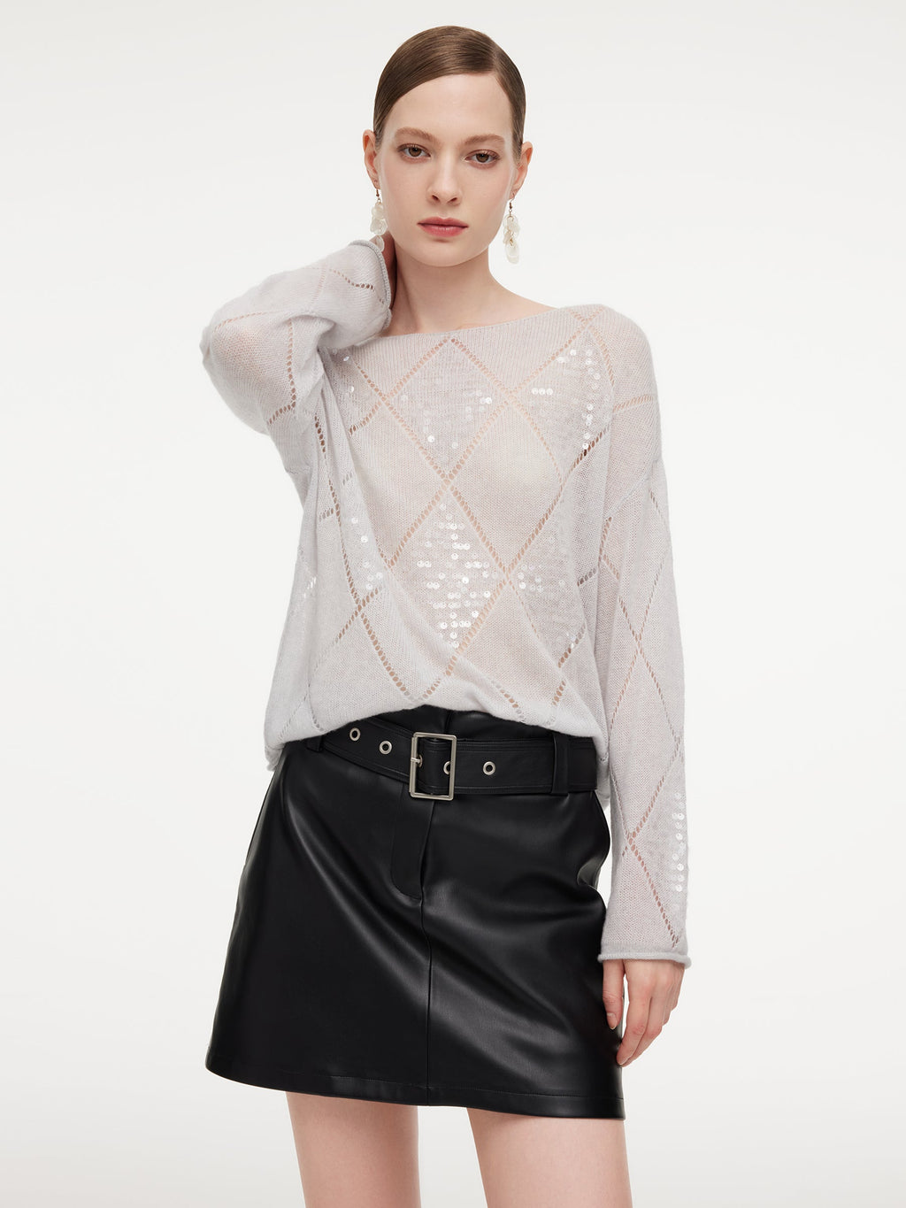 Lyocell Wool Cashmere Blend Sequins Women Open-Knit Sweater