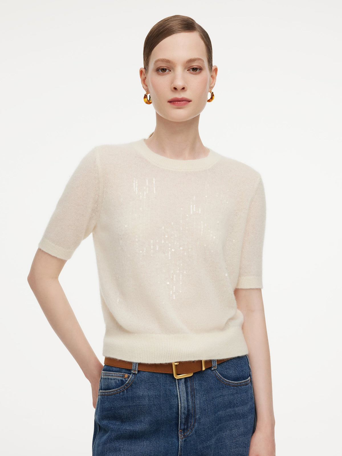100% Cashmere Sequins Women Knit Top