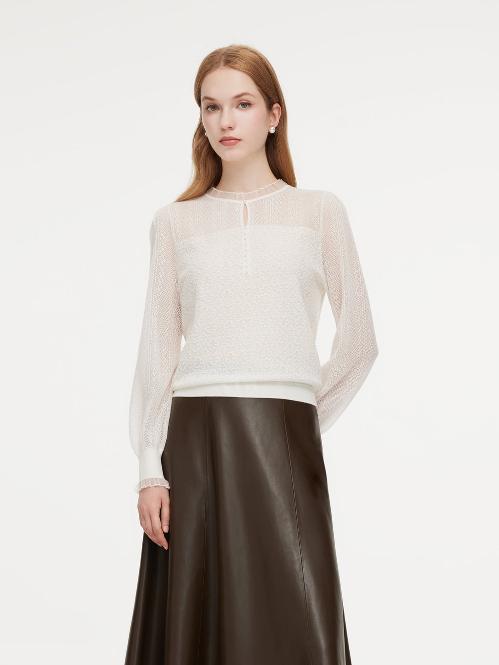 Jacquard Ruffle Neck Women Knit Top