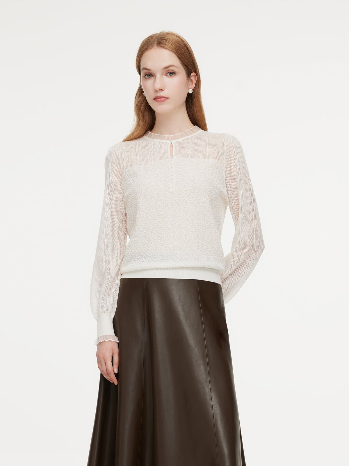 Jacquard Ruffle Neck Women Knit Top