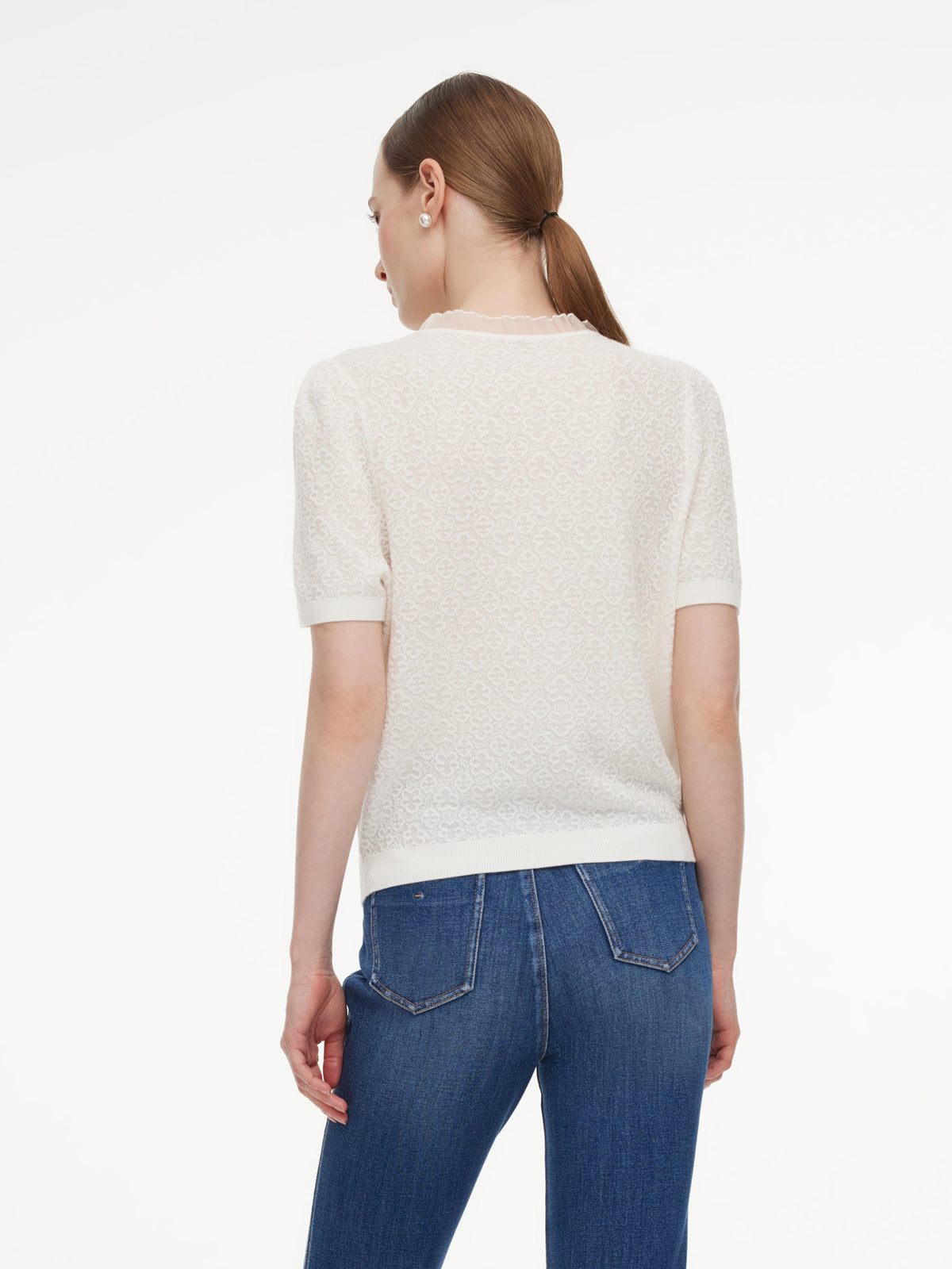 Jacquard Ruffle Neck Women Knit Top