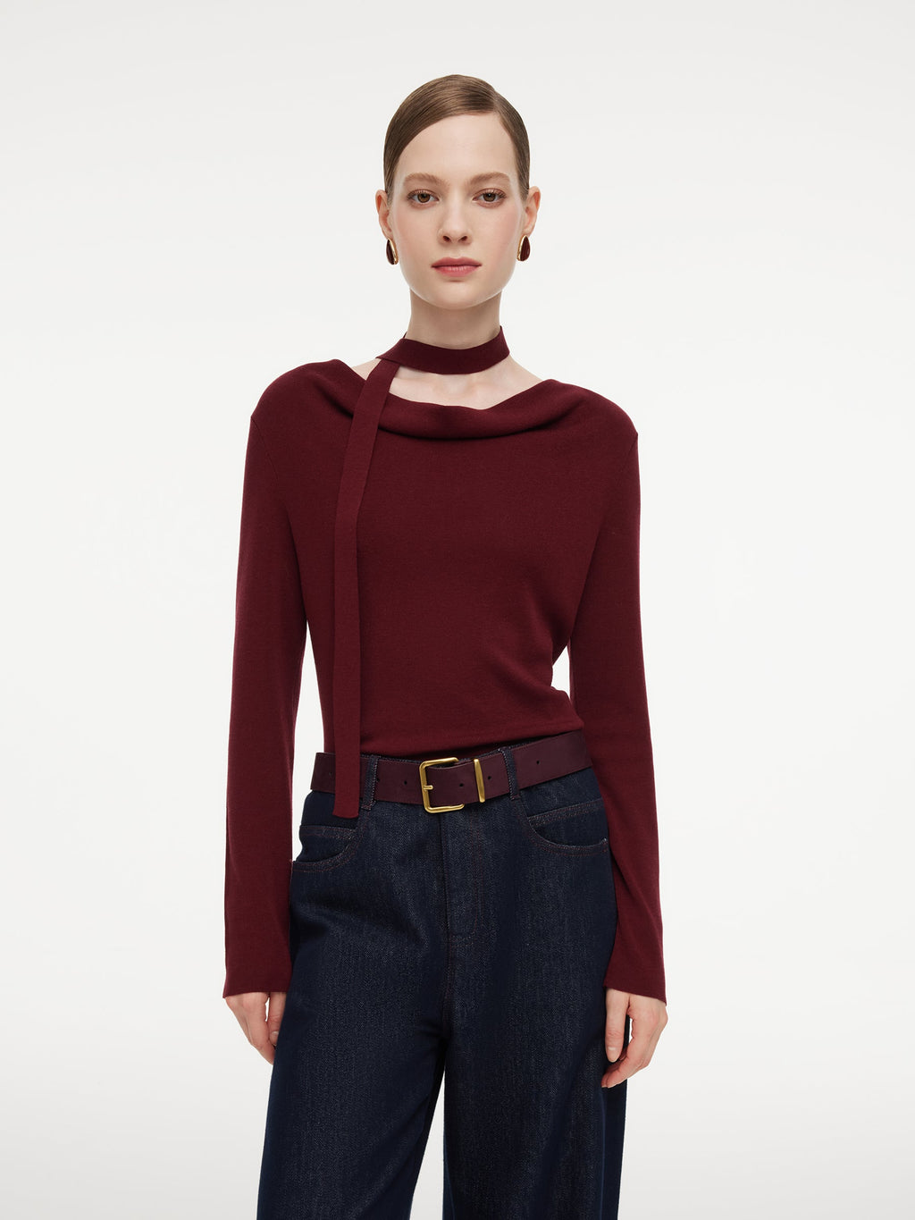 Tencel Wool Blend Cowl Neck Women Knit Top With Ribbon