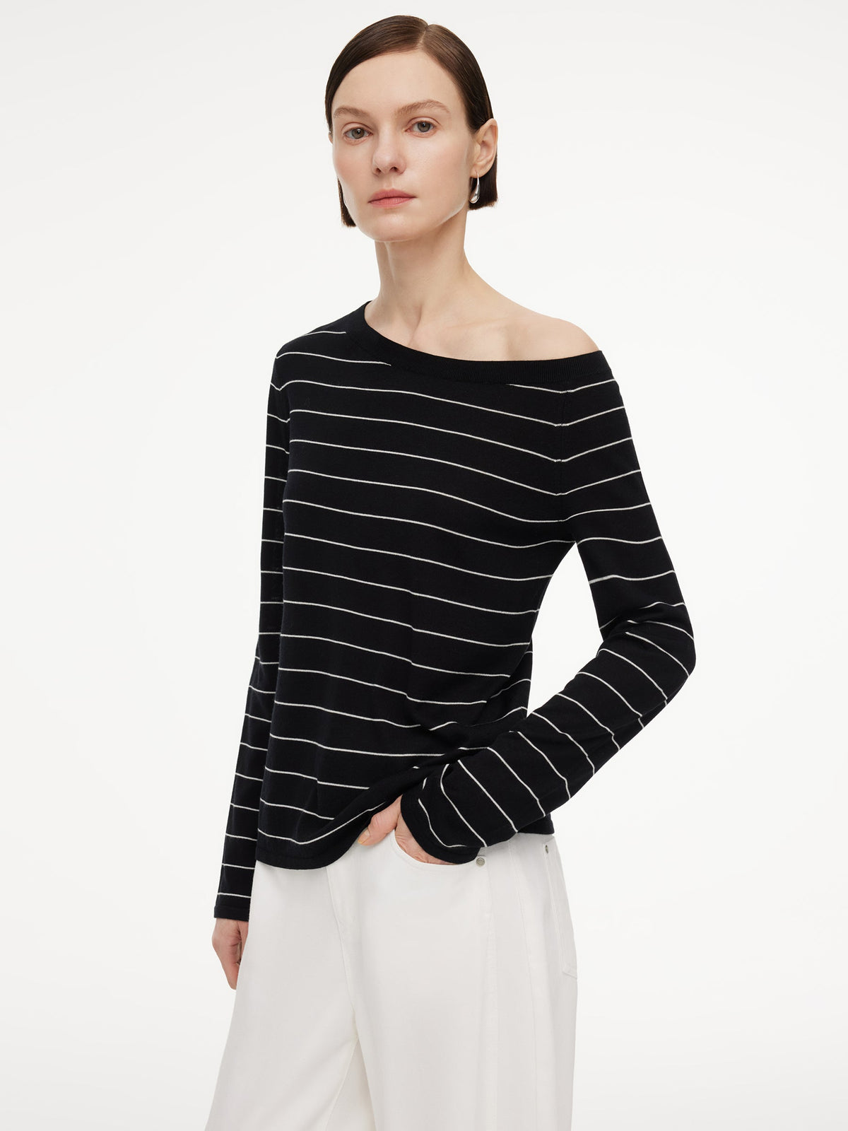 Tencel Mulberry Silk Blend Boat Neck Women Stripe Knit Top