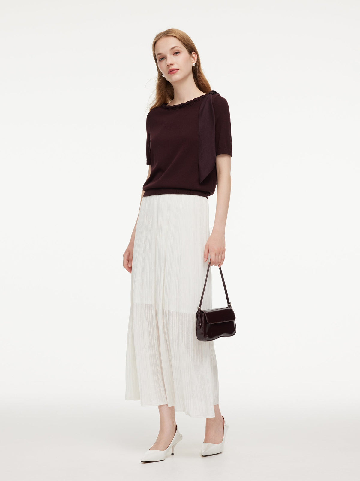 Lyocell Blend Ribbon Boat Neck Women Knit Top