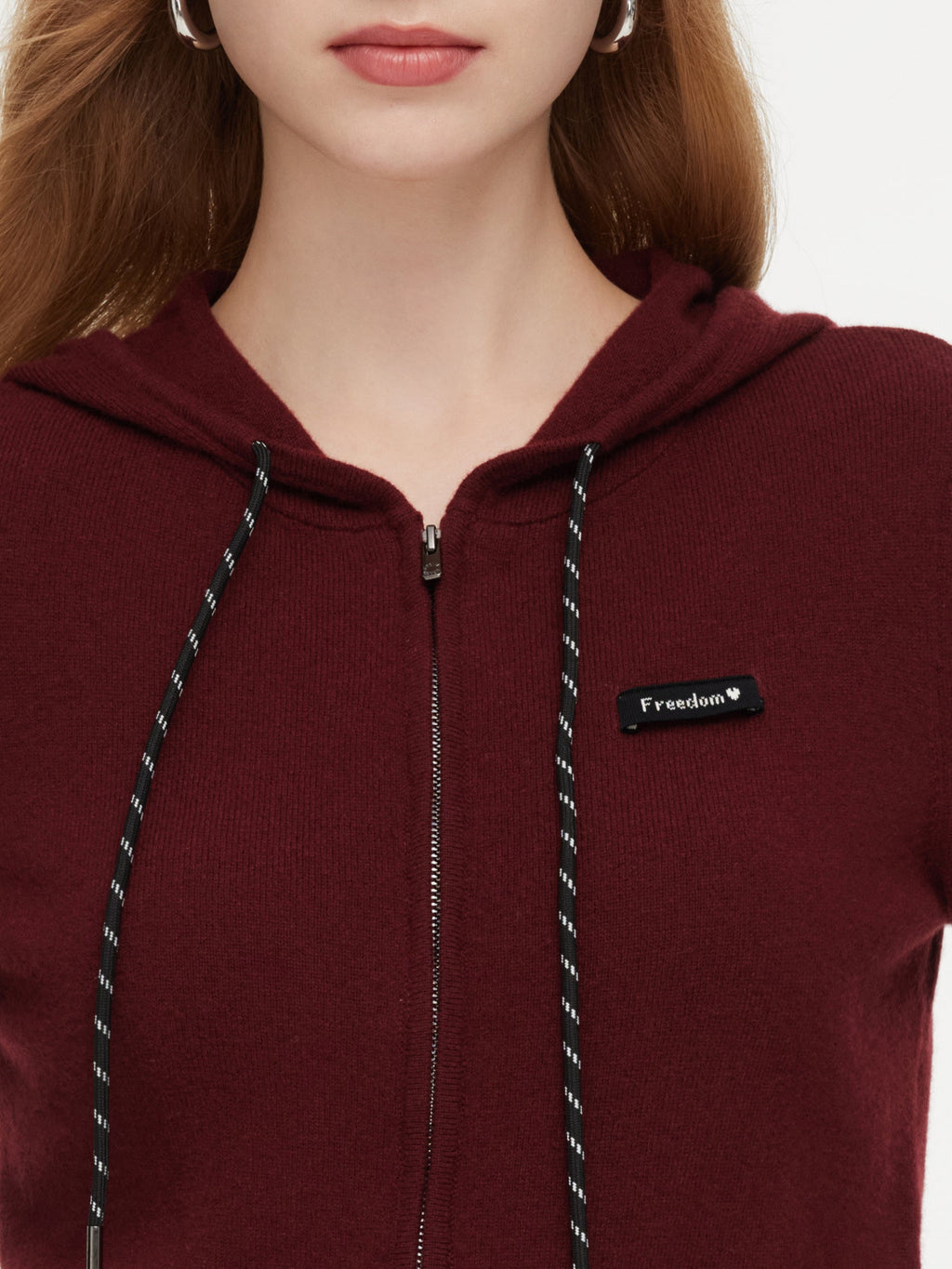 100% Wool Zip-Up Women Knit Hooded Cardigan