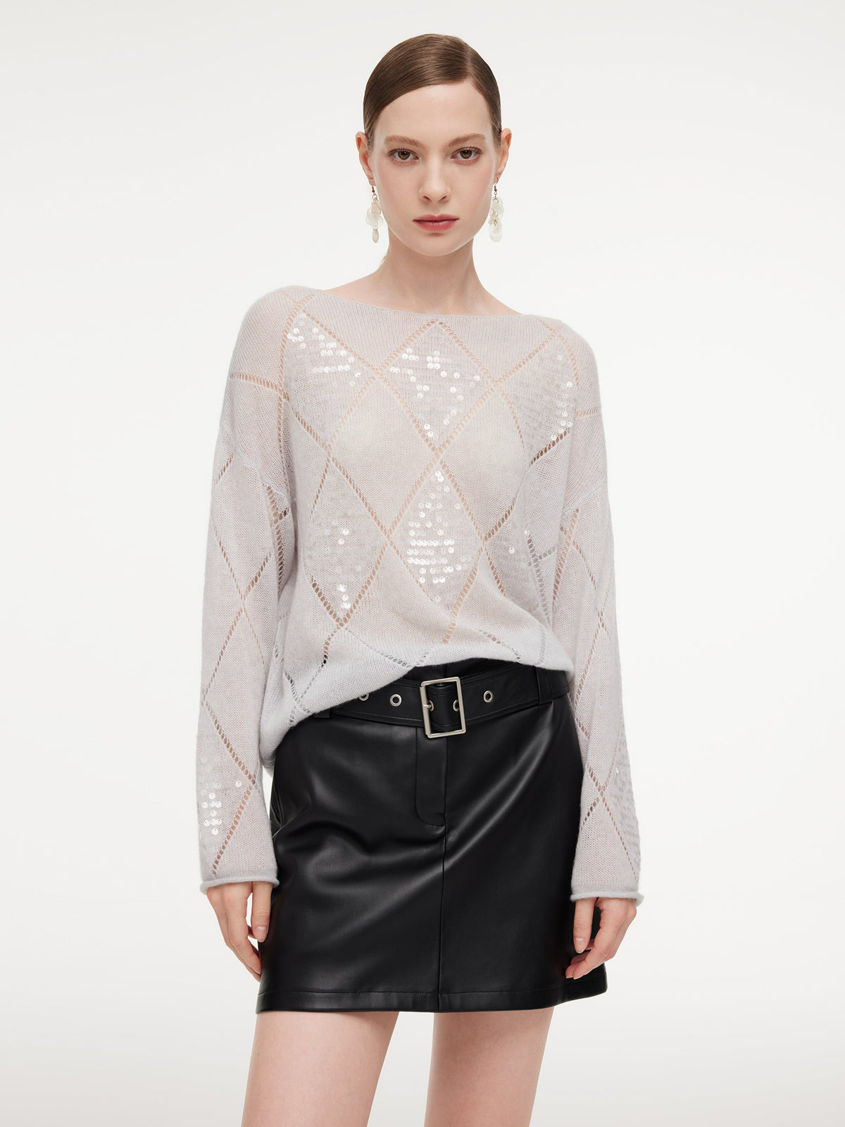 Lyocell Wool Cashmere Blend Sequins Women Open-Knit Sweater