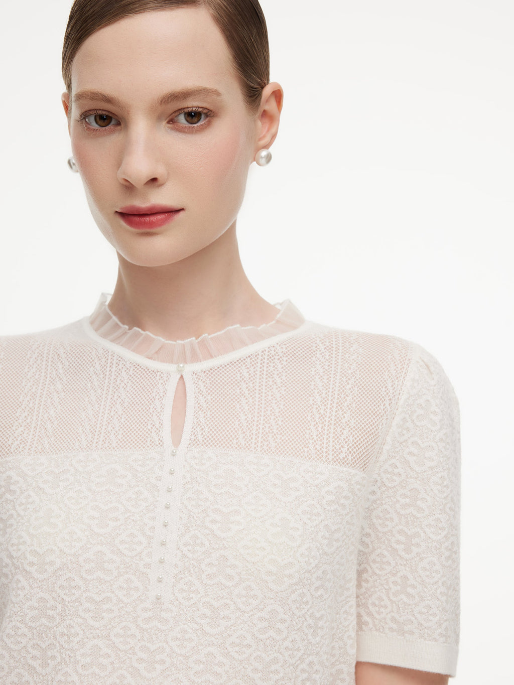 Jacquard Ruffle Neck Women Knit Top
