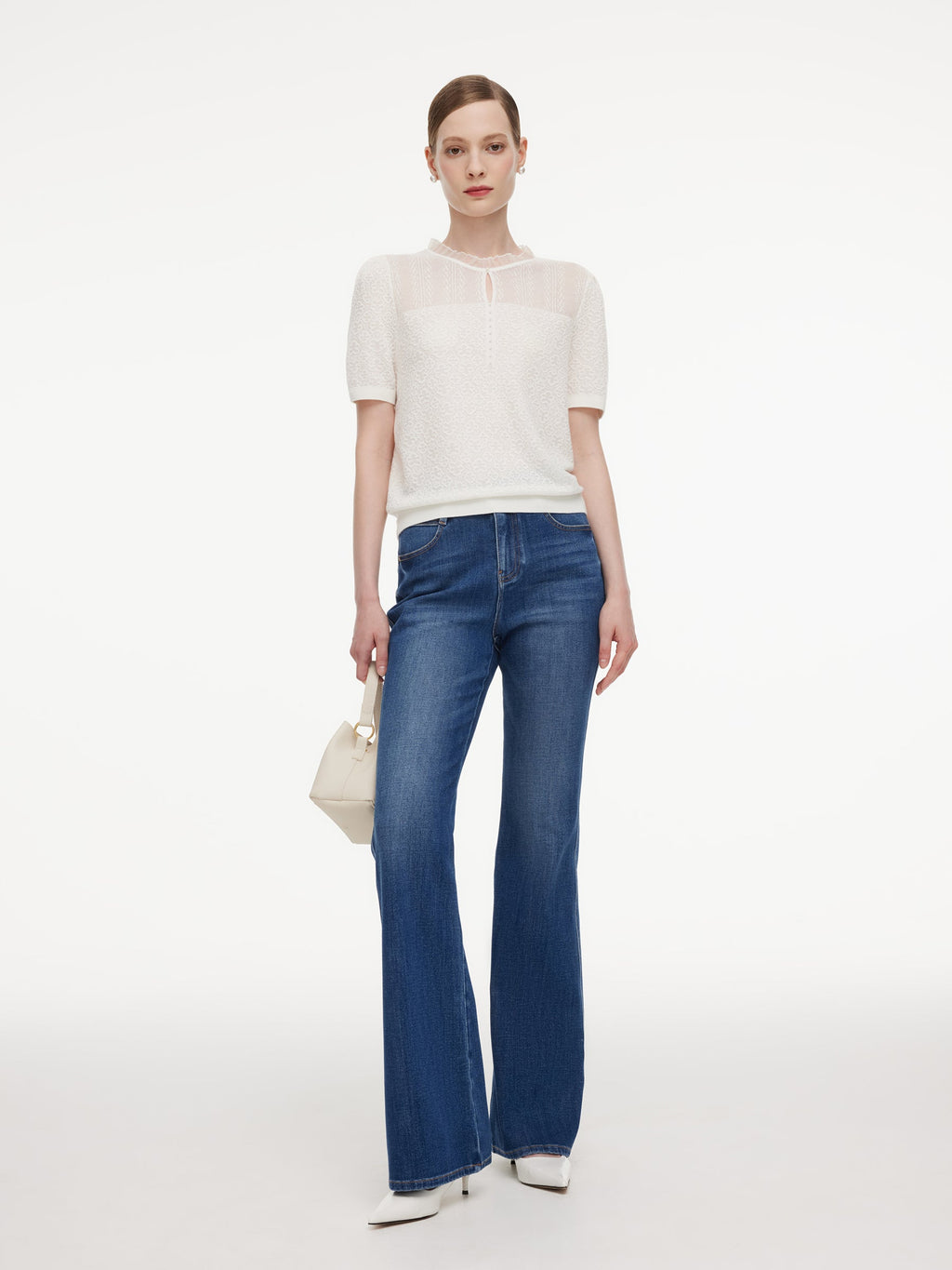 Jacquard Ruffle Neck Women Knit Top