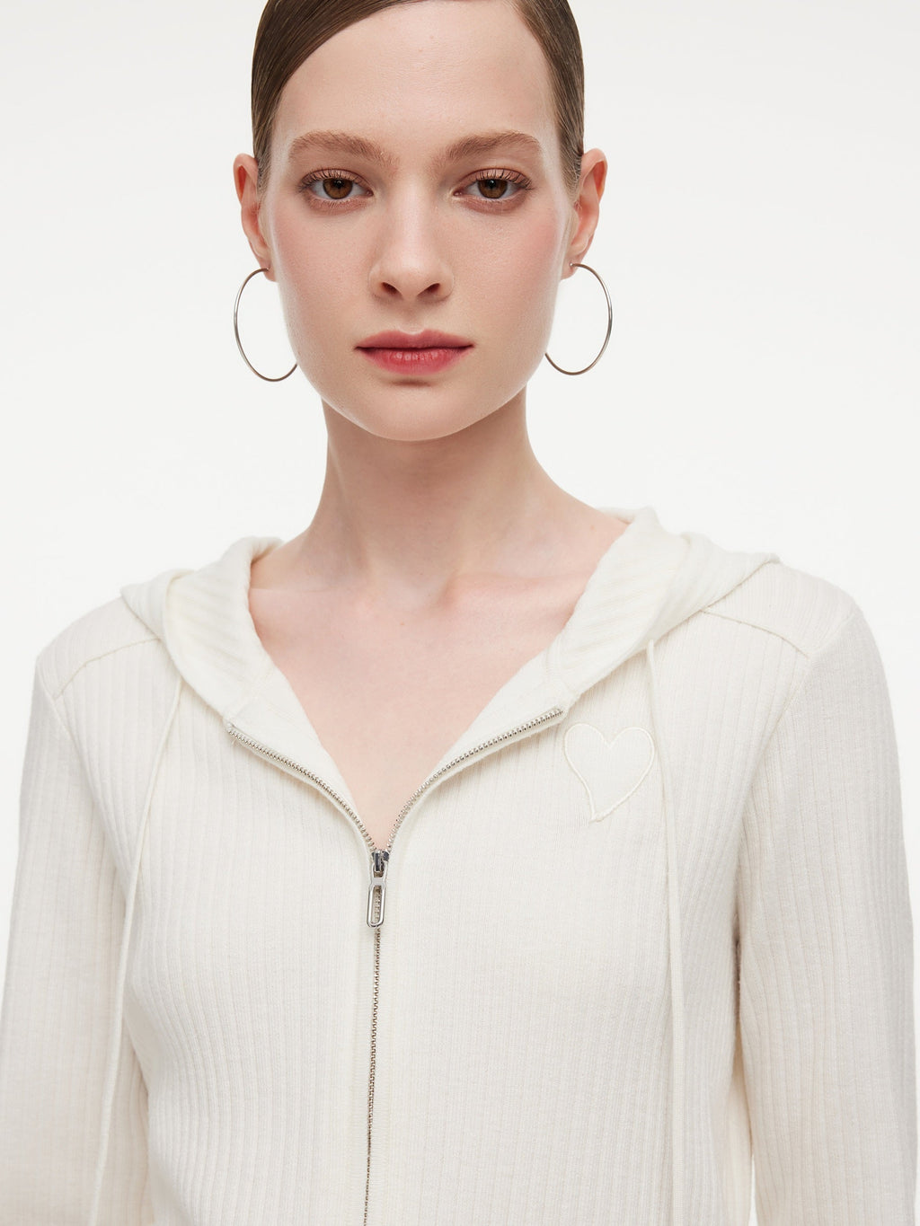 Wool Blend Heart Embroidered Women Hooded Cardigan