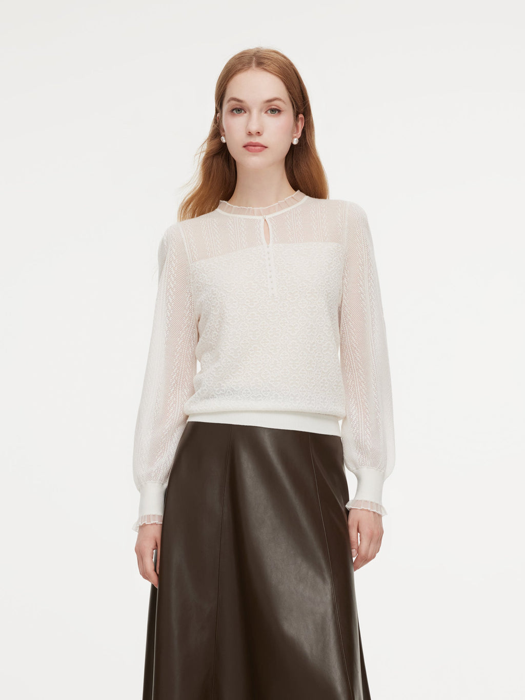 Jacquard Ruffle Neck Women Knit Top