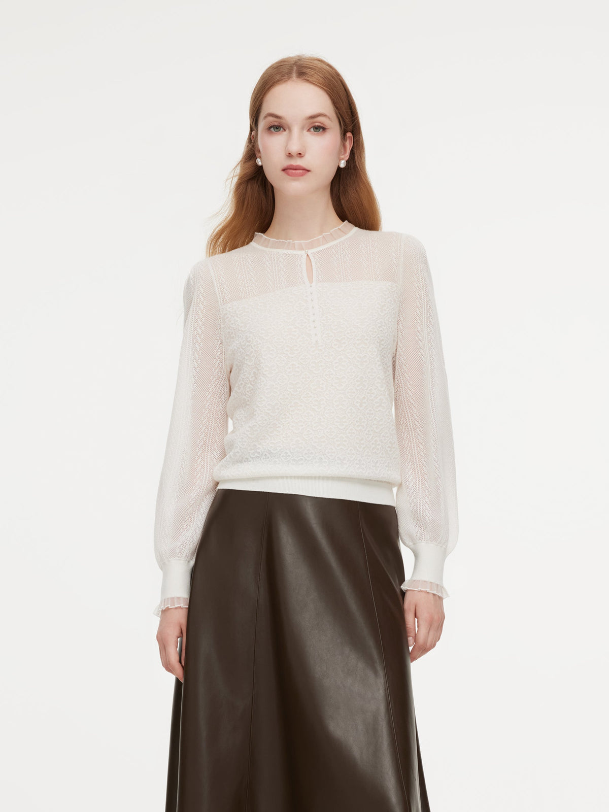 Jacquard Ruffle Neck Women Knit Top