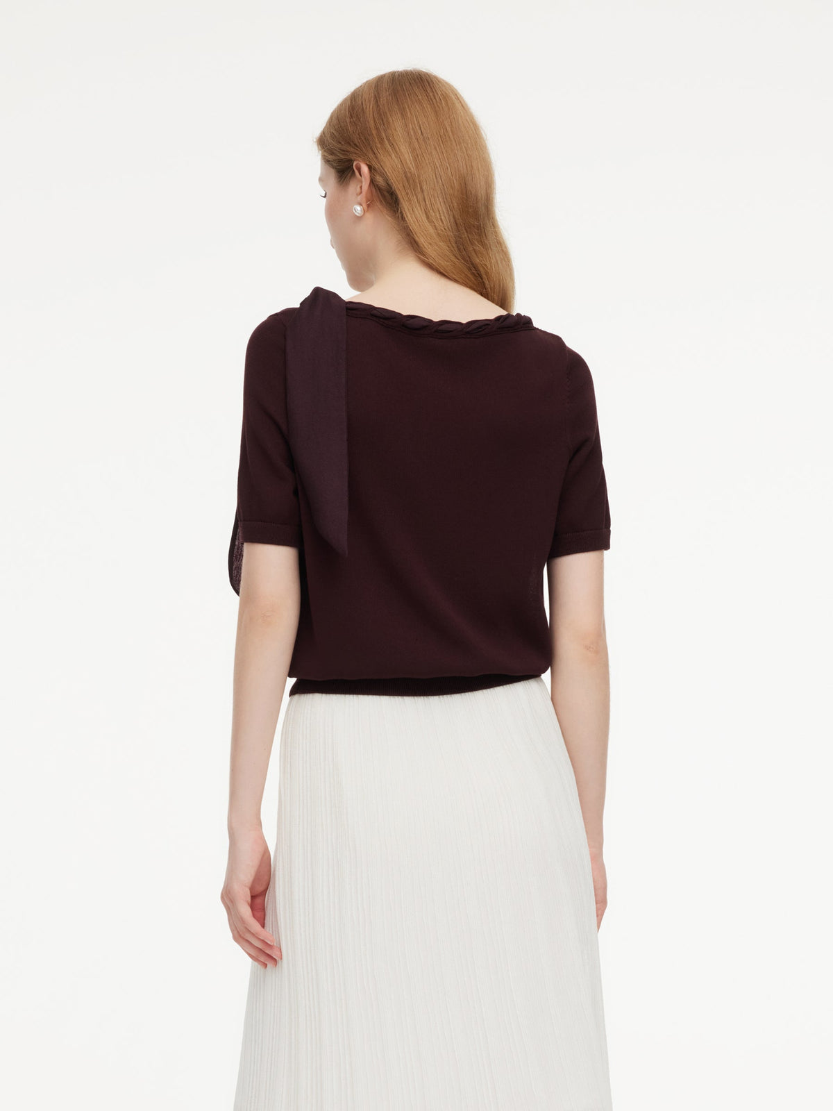 Lyocell Blend Ribbon Boat Neck Women Knit Top