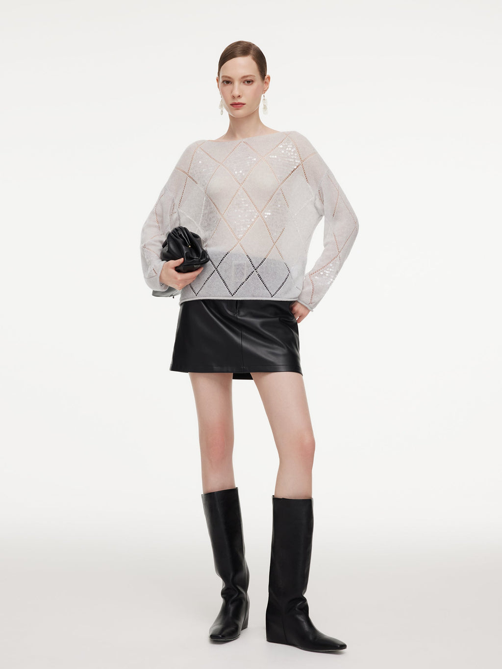 Lyocell Wool Cashmere Blend Sequins Women Open-Knit Sweater