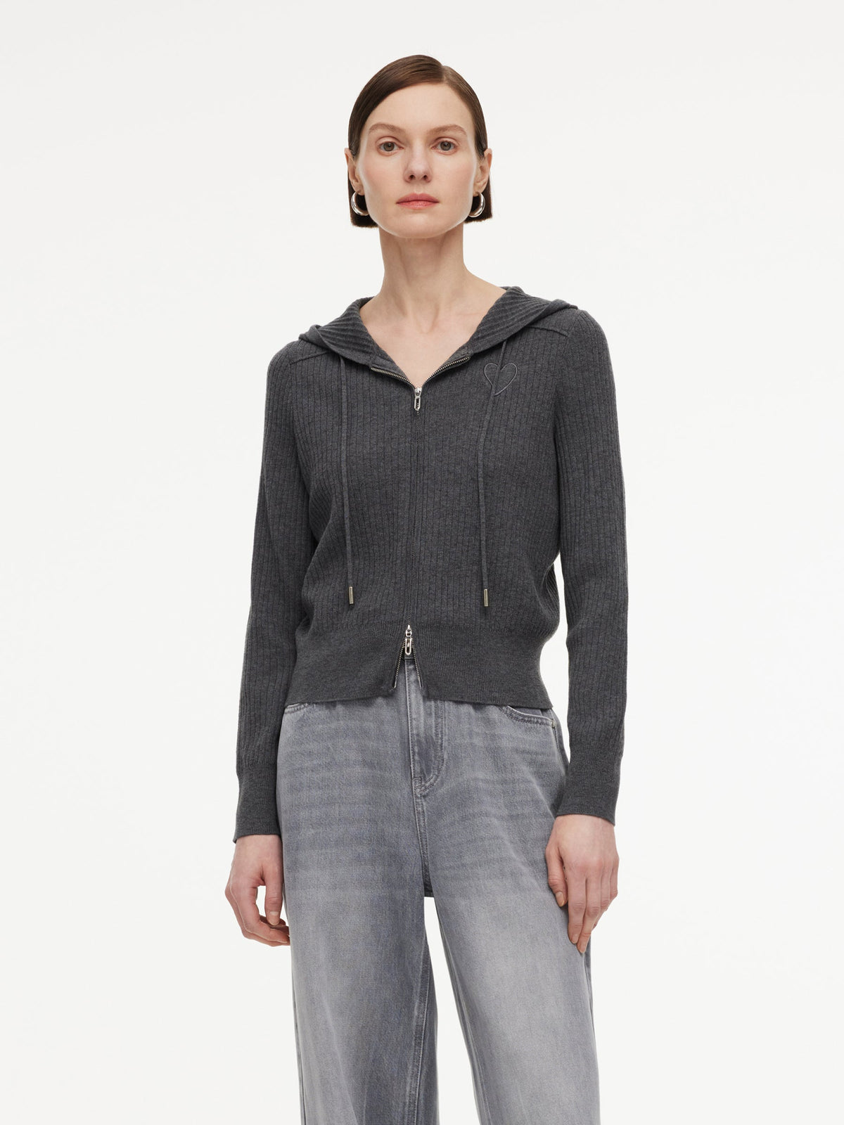 Wool Blend Heart Embroidered Women Hooded Cardigan