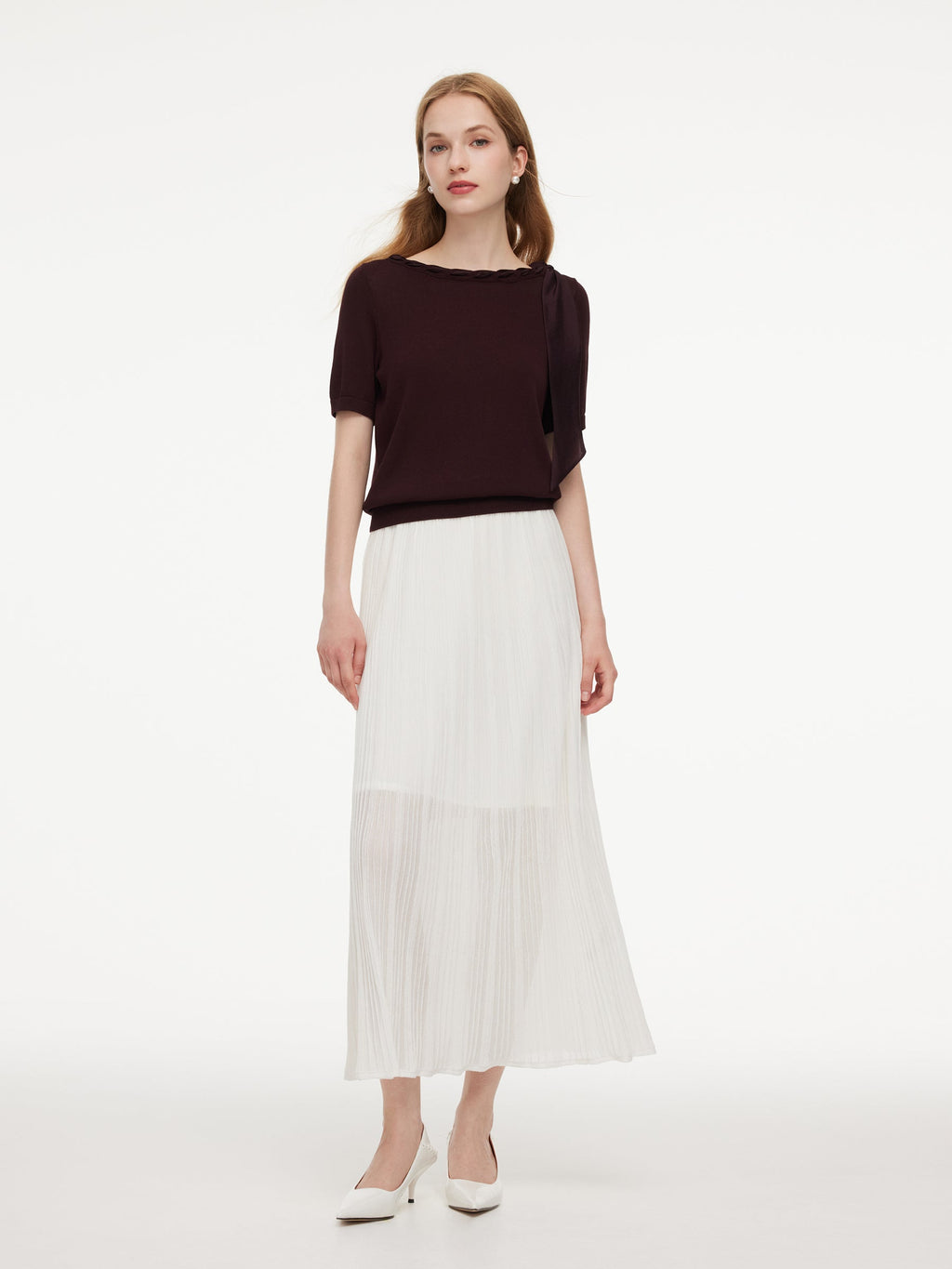 Lyocell Blend Ribbon Boat Neck Women Knit Top
