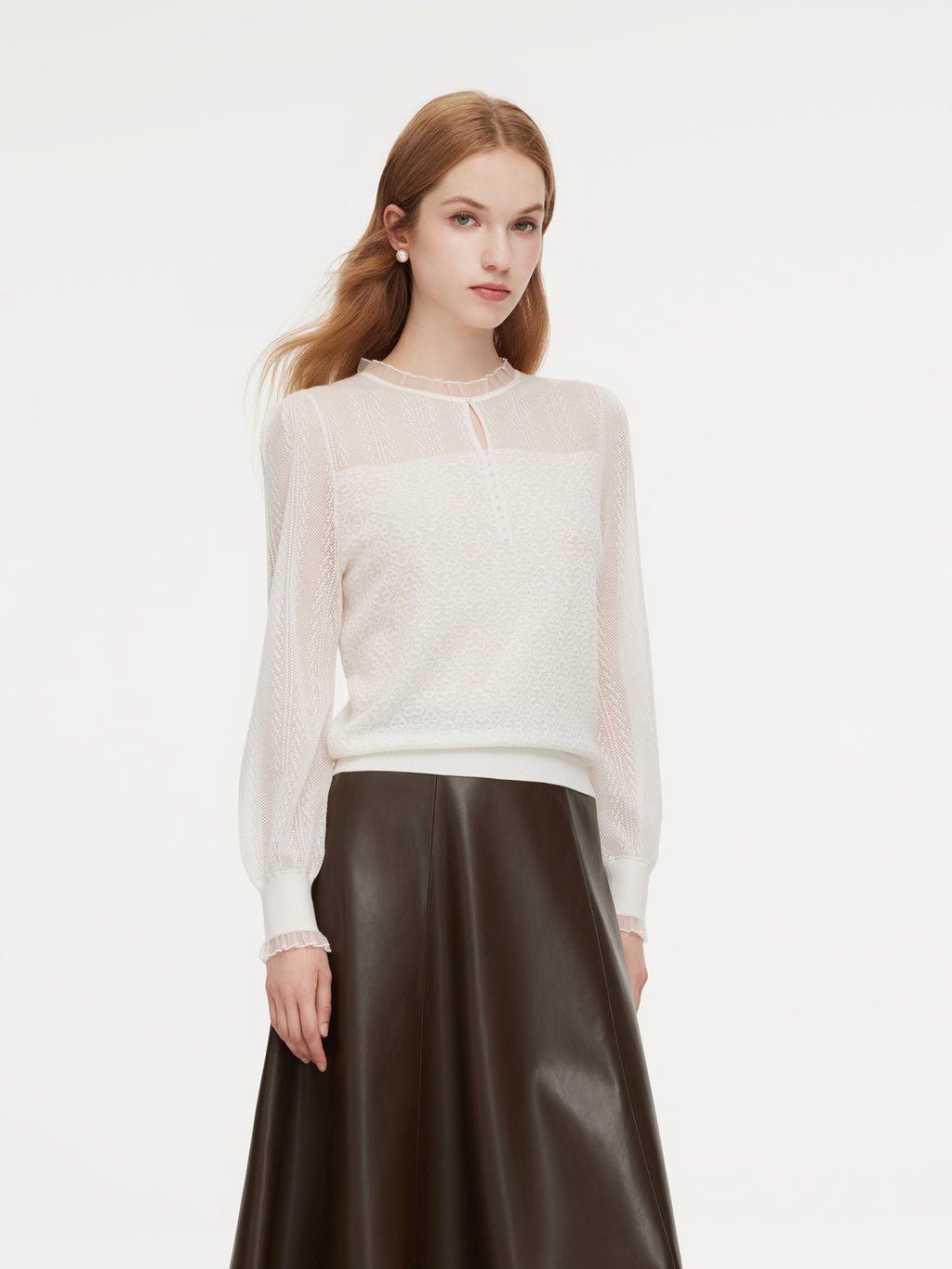 Jacquard Ruffle Neck Women Knit Top