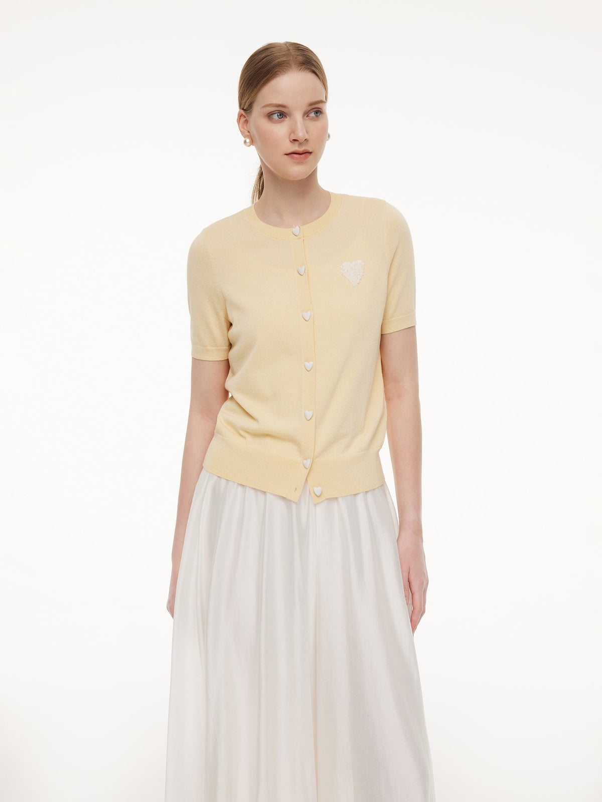 Lyocell Blend Sequined Heart Women Short Sleeve Cardigan