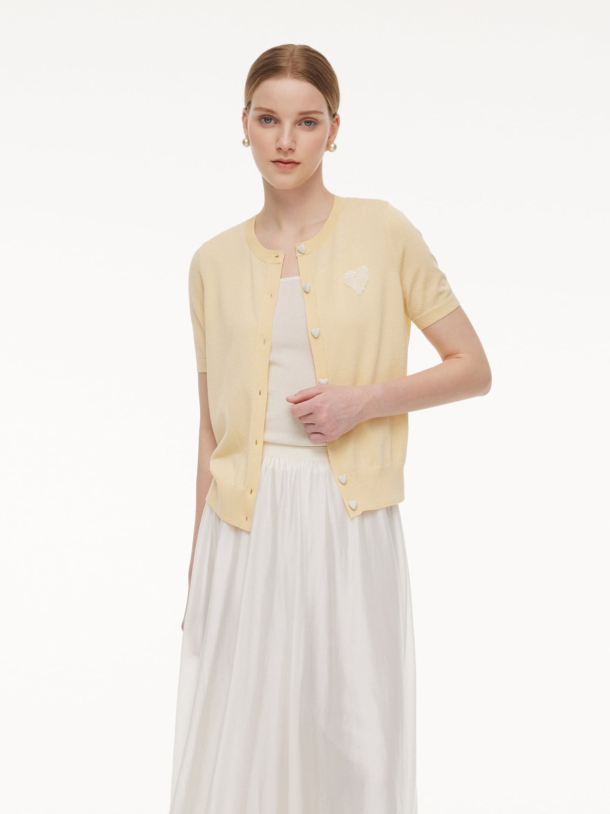 Lyocell Blend Sequined Heart Women Short Sleeve Cardigan