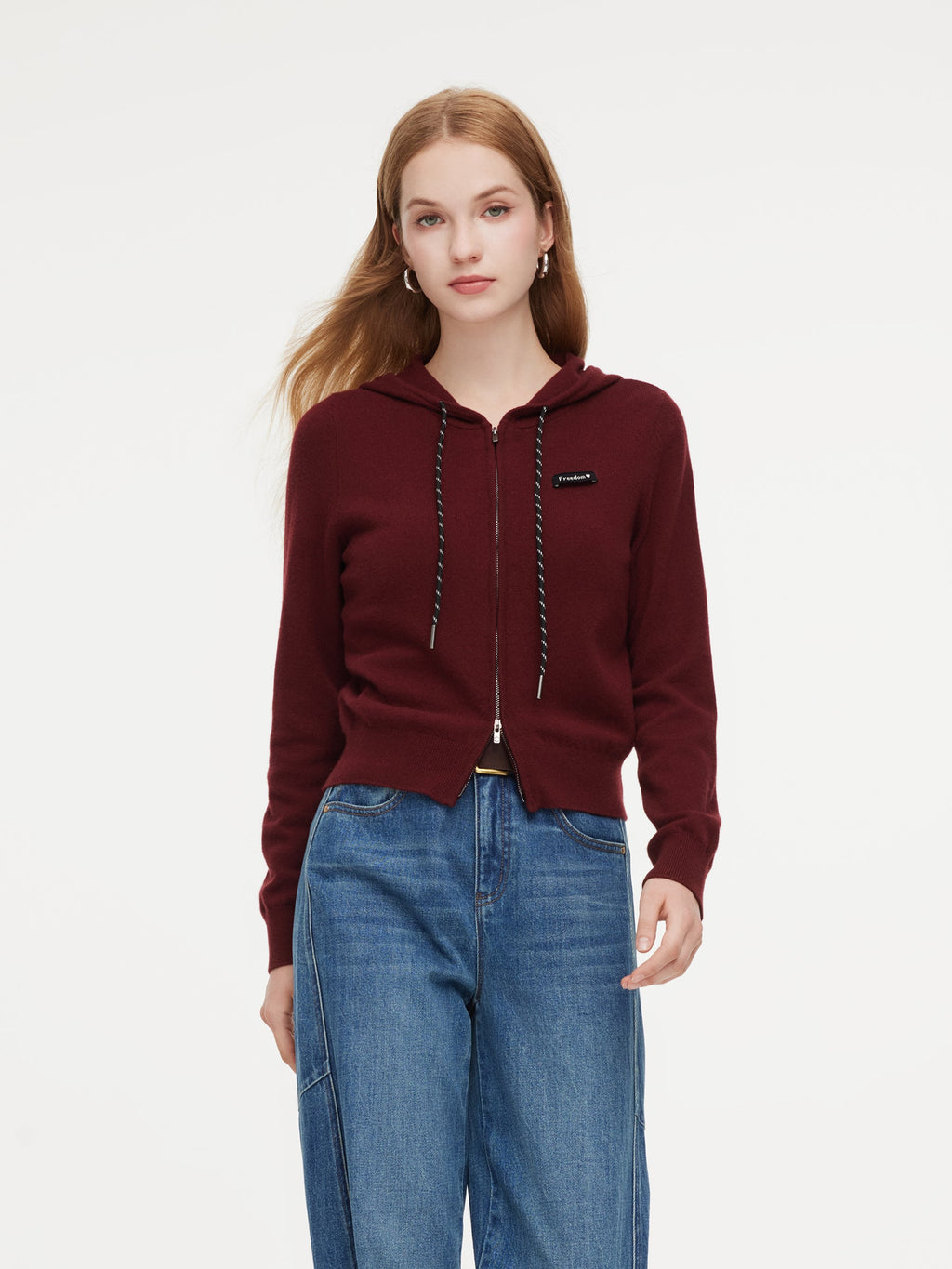 100% Wool Zip-Up Women Knit Hooded Cardigan