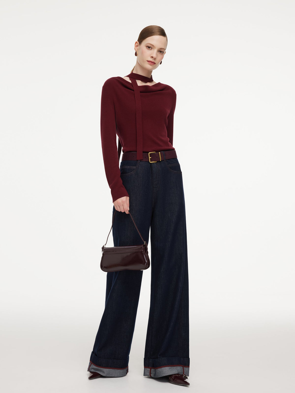 Tencel Wool Blend Cowl Neck Women Knit Top With Ribbon