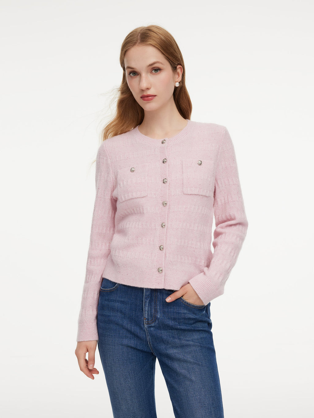 Wool Blend Round Neck Sequins Women Cardigan