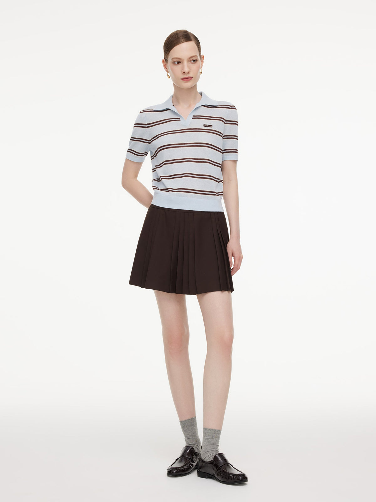 Navy Combo Stripe Women Polo Knit Top