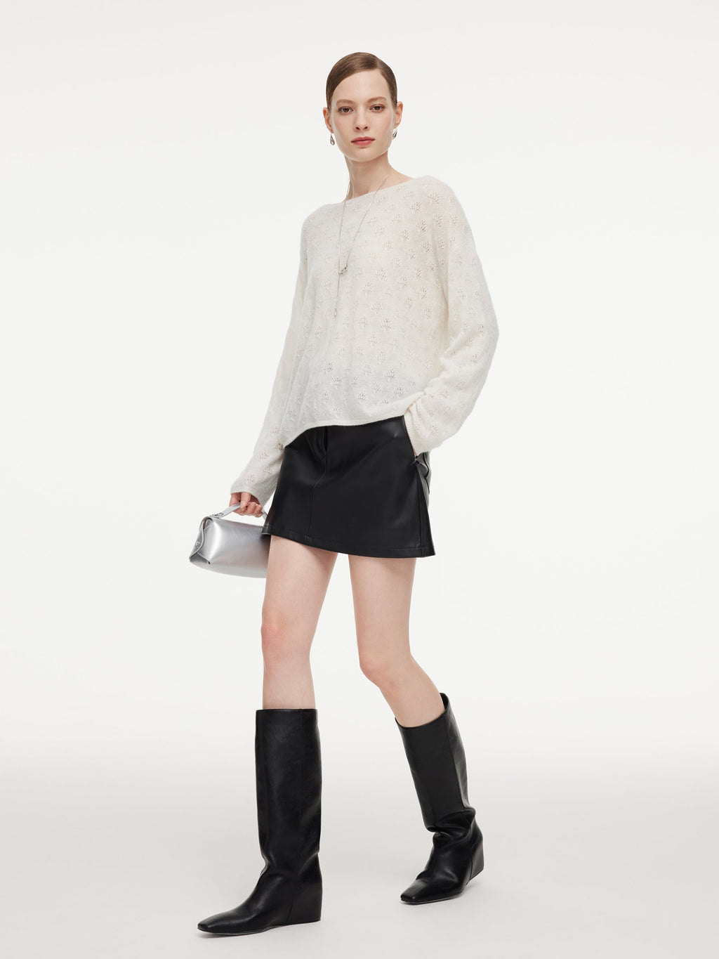 Cashmere Boat Neck Pointelle Knit Women Sweater