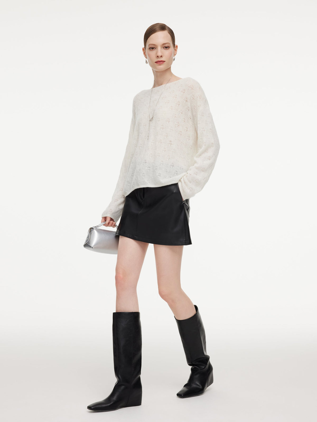 Cashmere Boat Neck Pointelle Knit Women Sweater