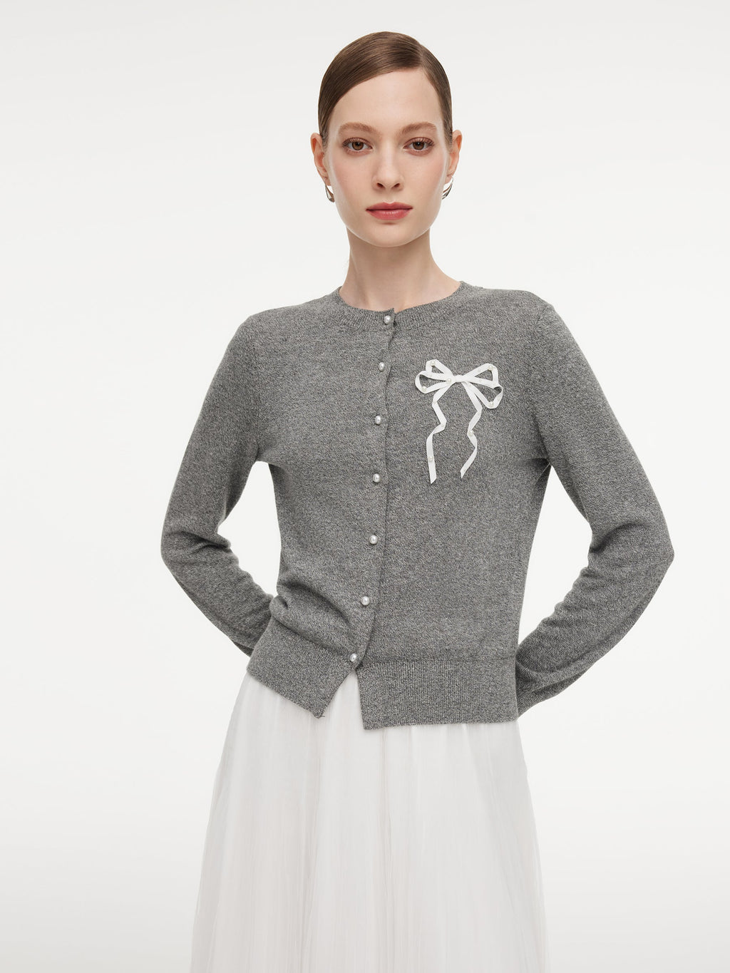 Hand-Sewn Bow Beaded Button Women Cardigan