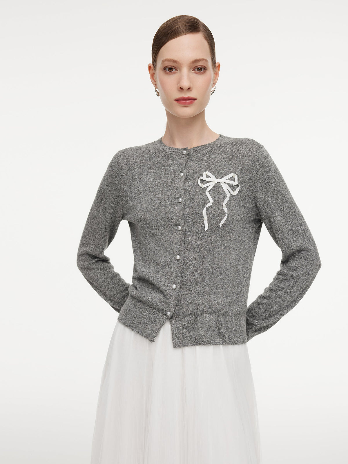 Hand-Sewn Bow Beaded Button Women Cardigan
