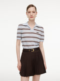 Navy Combo Stripe Women Polo Knit Top