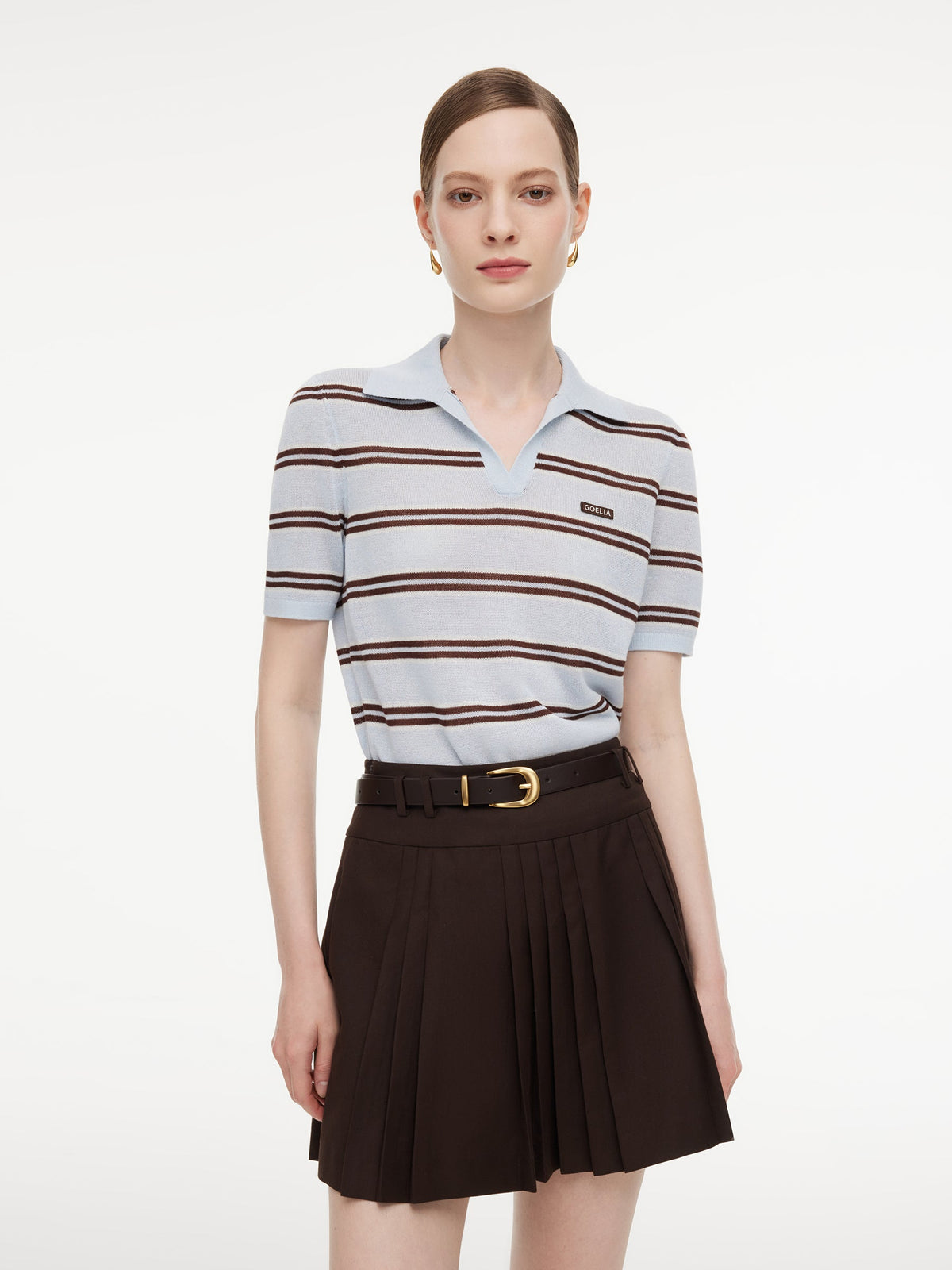 Navy Combo Stripe Women Polo Knit Top